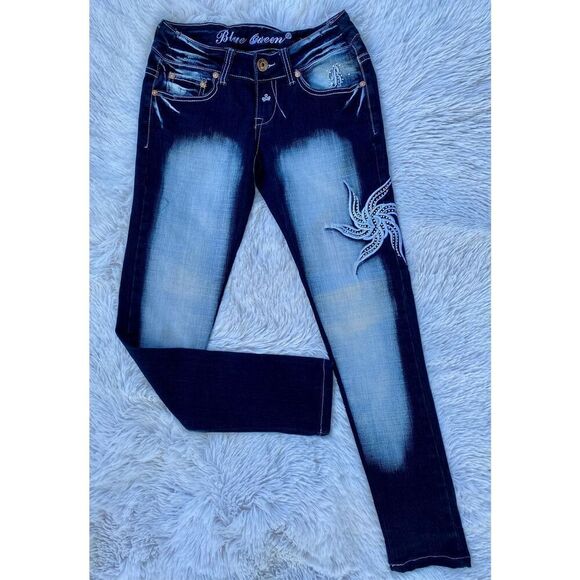 Y2K Vintage Blue Queen SZ 3/4 Dark Wash Factory Faded Bling Jeans - Picture 3 of 12